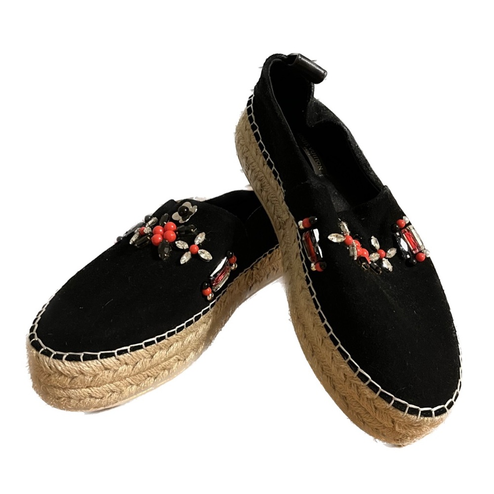 Louis Vuitton Black Suede Leather Frontier Embellished Espadrille Flats EU 40